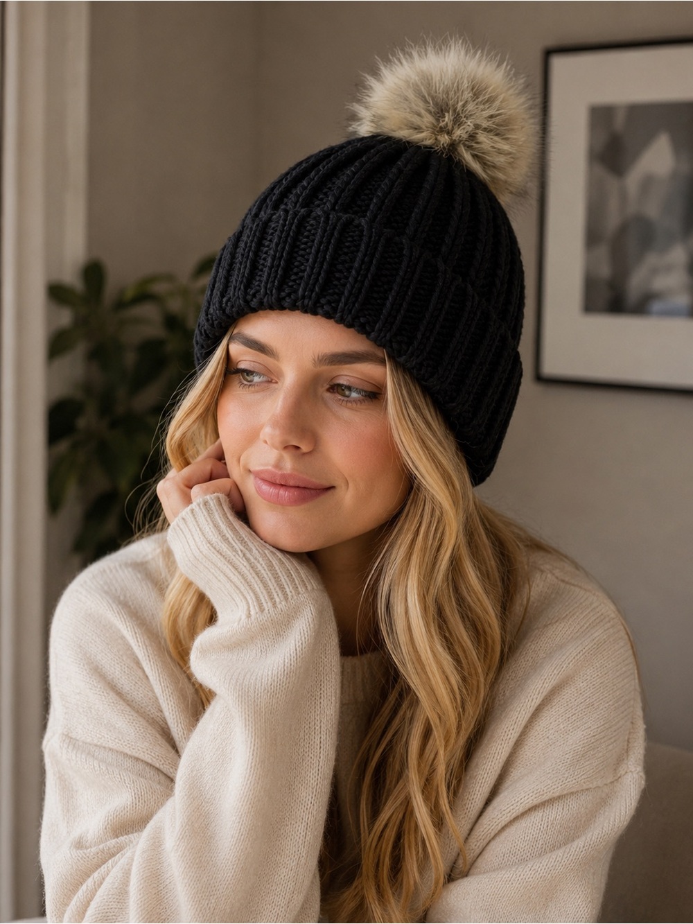 CoolCat Black Chunky Ribbed Knit Beanie with Faux Fur Pom Pom